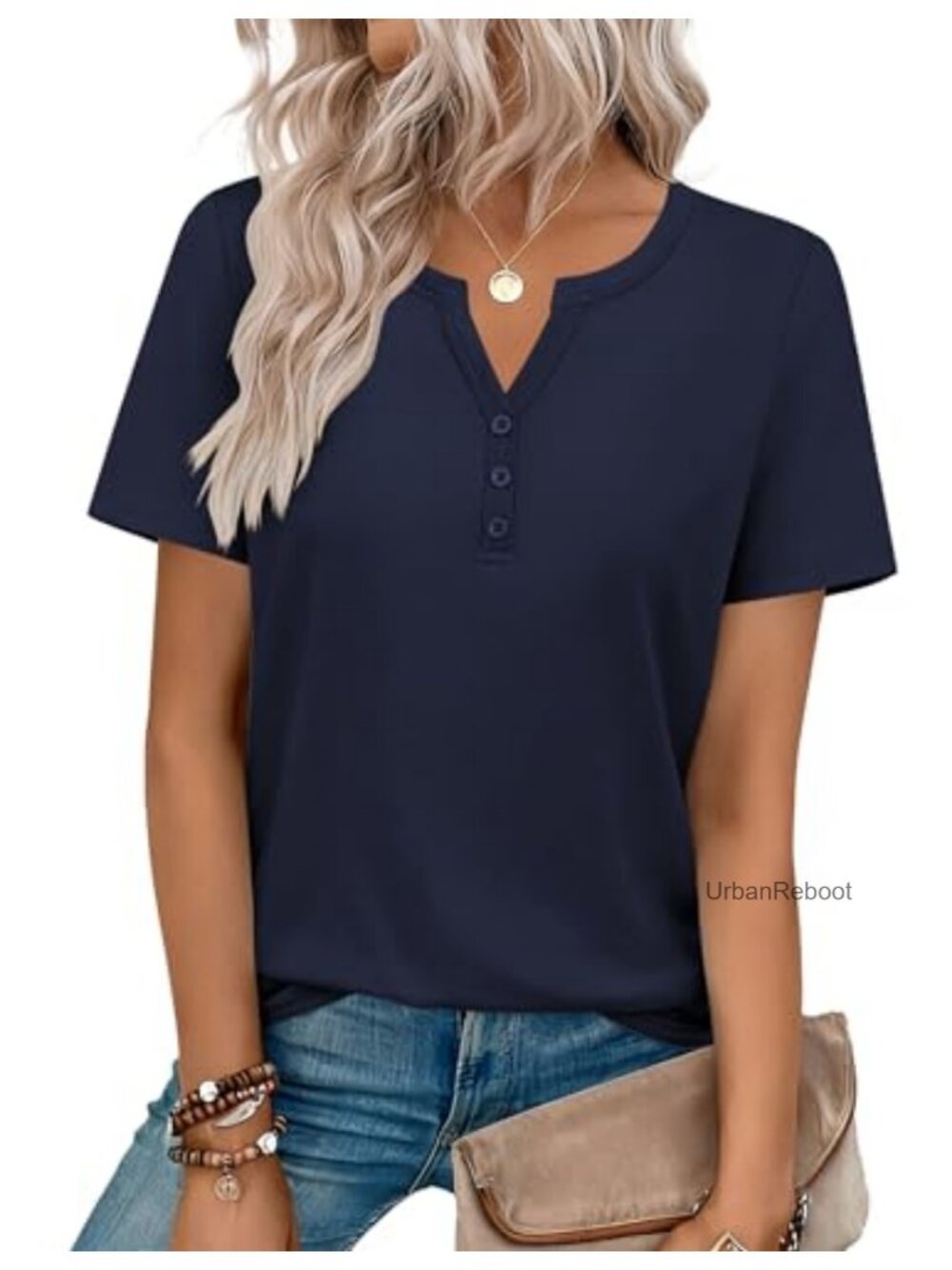 Women's V-Neck Short Sleeve Henley Blouse Soft Stretch Top